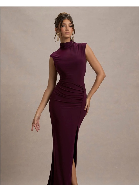 Club London Dresses & Skirts - Club London Maxi High Neck Goen with Ruched bodice and slit